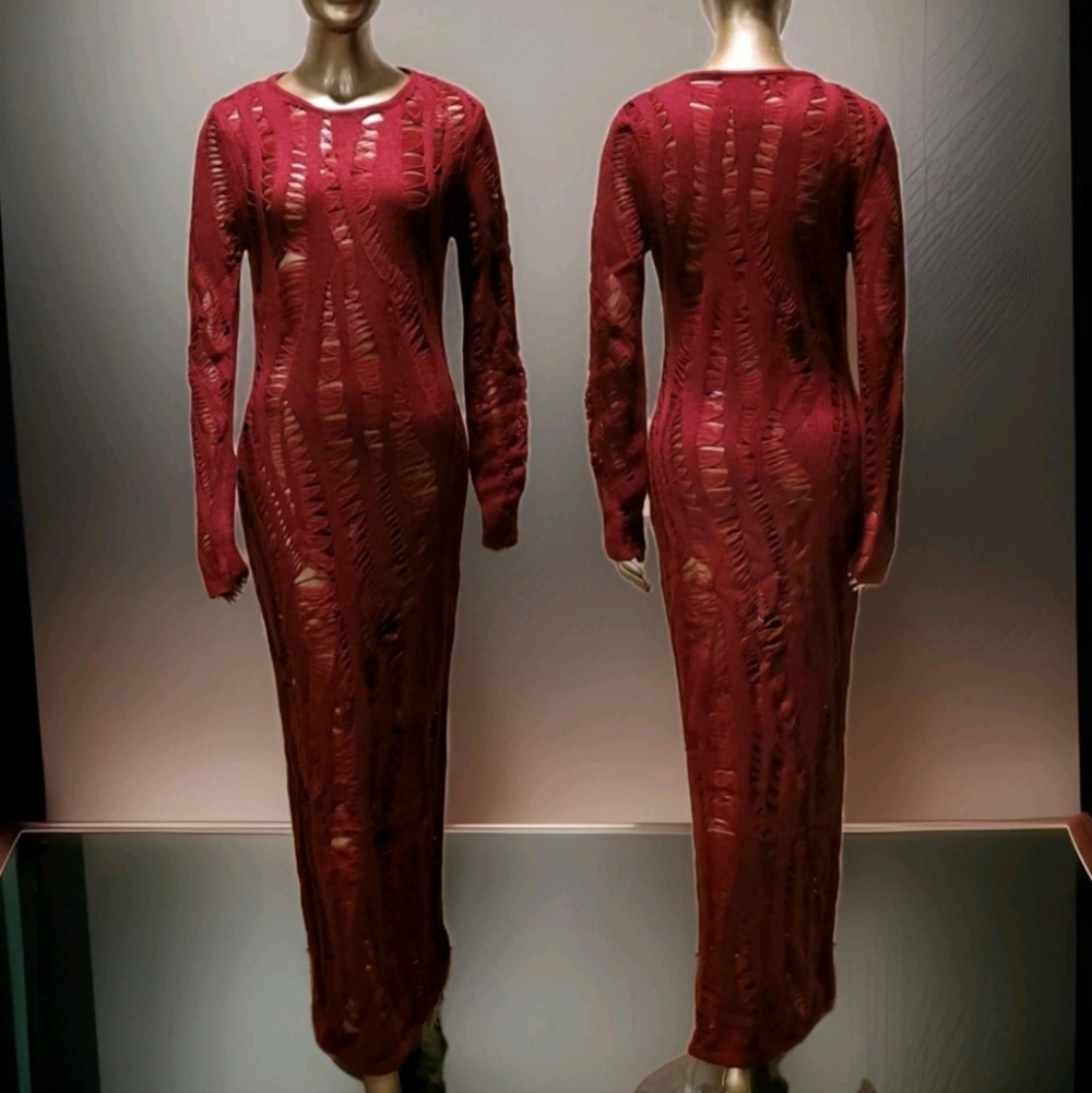 NWT Burgandy Distressed Long Sleeve Knit Maxi Sweater Dress Sz M - Picture 3 of 15